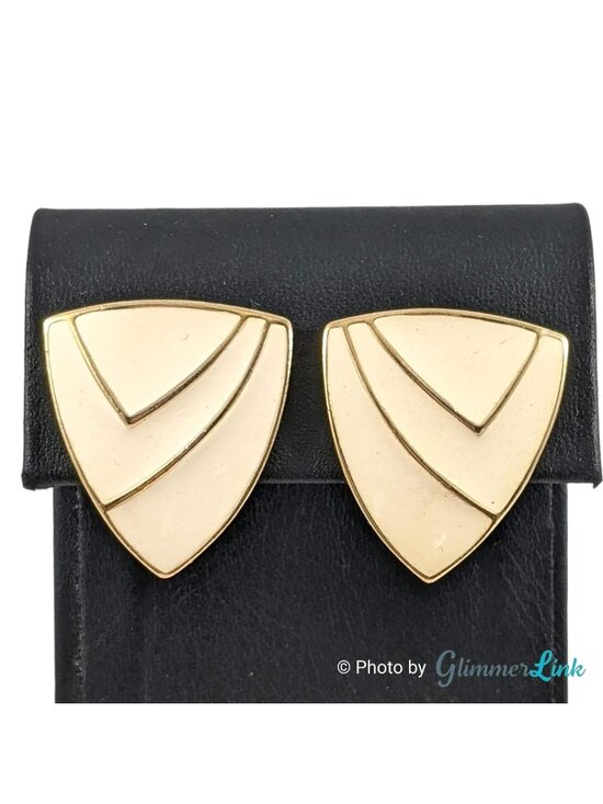 Jewelry - Vintage 1980s Trifari Cream Enamel Gold Tone Shield Pierced Earrings